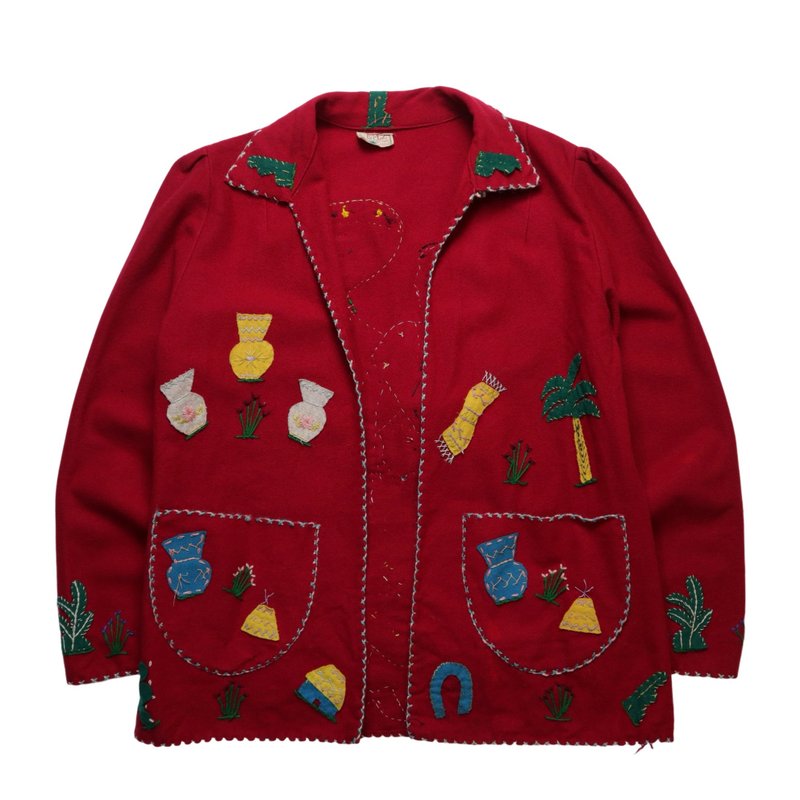 1940s Lopez Mexican red traditional doll embroidered wool commemorative jacket - เสื้อแจ็คเก็ต - ขนแกะ สีแดง