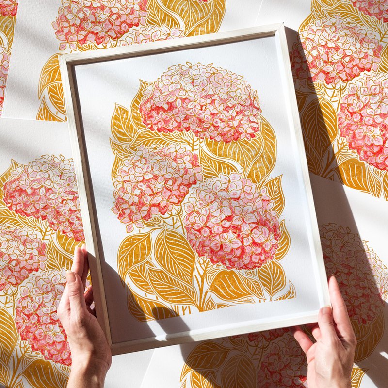 Watercolor Hydrangea Pink and Ochre Flowers Linocut Print Botanical Wall Decor - 壁貼/牆壁裝飾 - 紙 黃色
