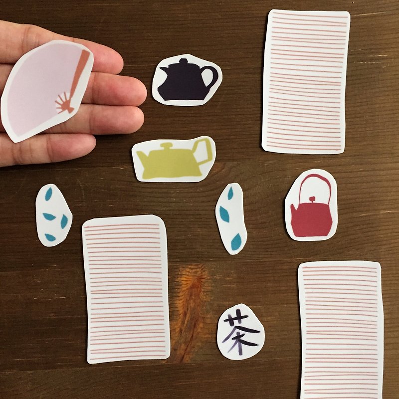 茶道貼紙-茶壺 竹簾與扇子 透明貼紙包 - 貼紙 - 塑膠 咖啡色