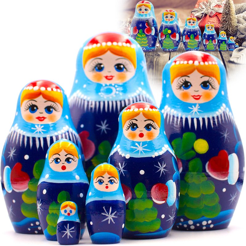 入れ子人形セット 7 個 - マトリョーシカ人形と雪の乙女のクリスマスの装飾 - 知育玩具・ぬいぐるみ - 木製 多色
