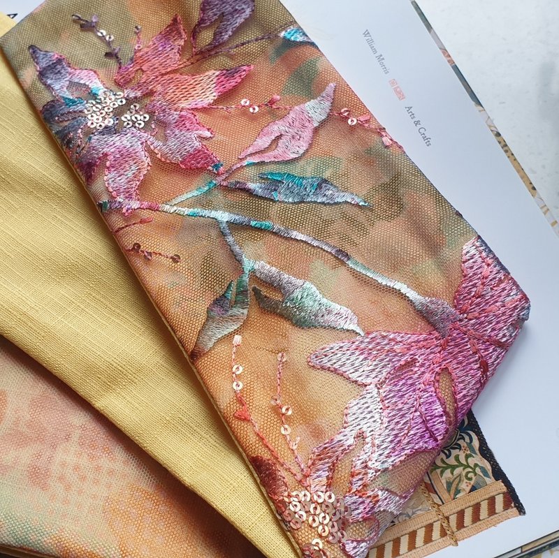 春霧花境 古董刺繡布 軟管髮帶 / 寬版 - 髮箍/髮帶 - 棉．麻 橘色