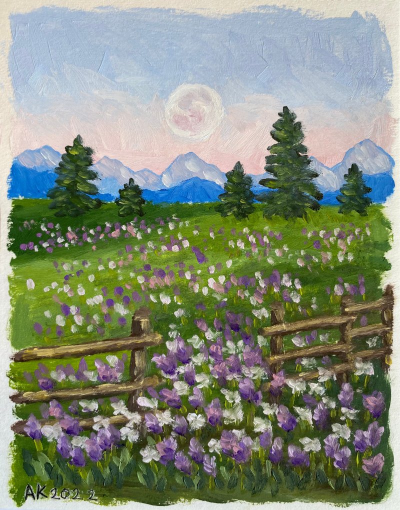 Full Moon on Countryside oil painting, forest nature, illustration, landscape - 壁貼/牆壁裝飾 - 其他材質 綠色