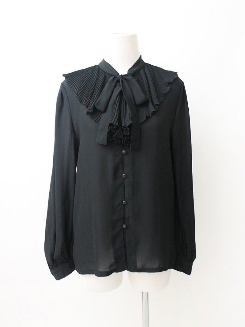 【RE0916T188】 early autumn Japanese system retro elegant black bow tie ancient shirt - Women's Shirts - Polyester Black