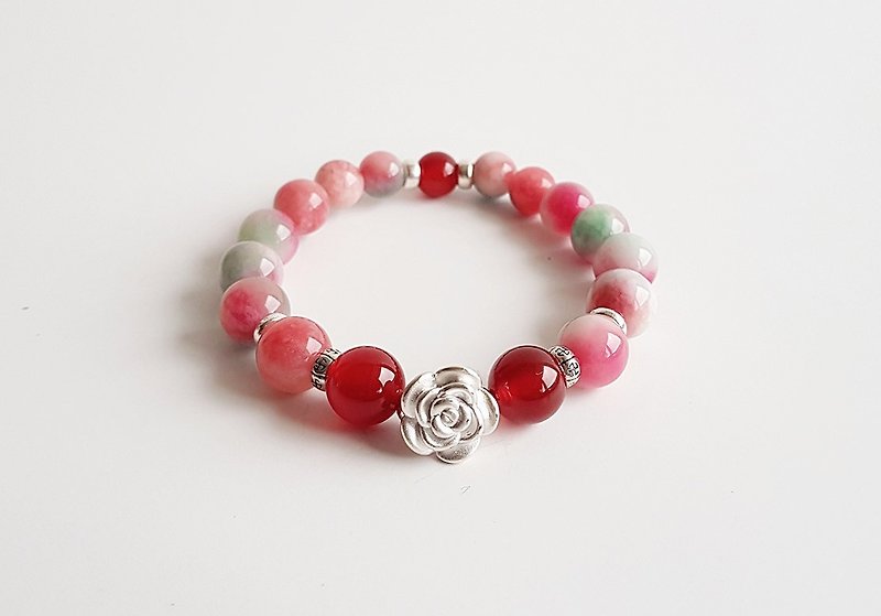 [Gemstone Collection] Rose-Like Natural Peach Peach Jade Onyx 999 Sterling Silver Rose Sterling Silver Beads • Bracelets - Bracelets - Gemstone Pink
