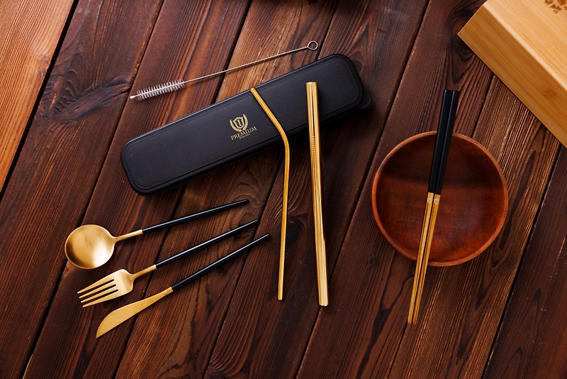 304不鏽鋼餐具及飲管便攜套裝連盒-黑金色 - 餐具/刀叉湯匙 - 不鏽鋼 黑色