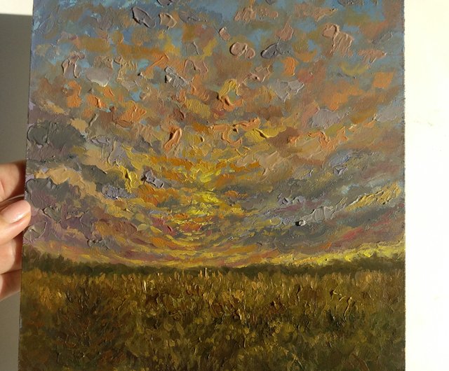 Original Oil Painting, store Cloudy Field