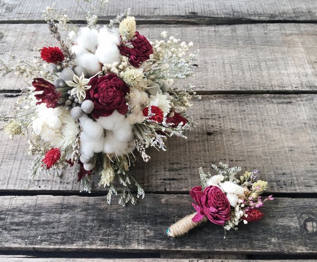 良い花]バラ花嫁ブーケ赤と白のドライブーケ結婚式のブーケboutonniere