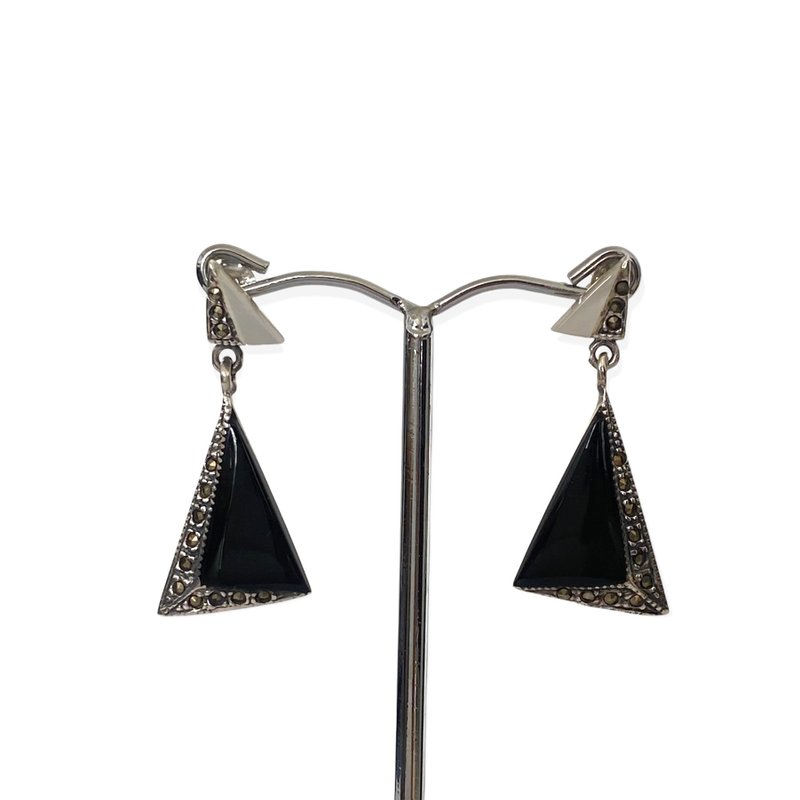 Art Deco Style Triangle Black Onyx & Marcasite Earrings/Set 925 Sterling Silver - 耳環/耳夾/耳骨夾 - 純銀 黑色