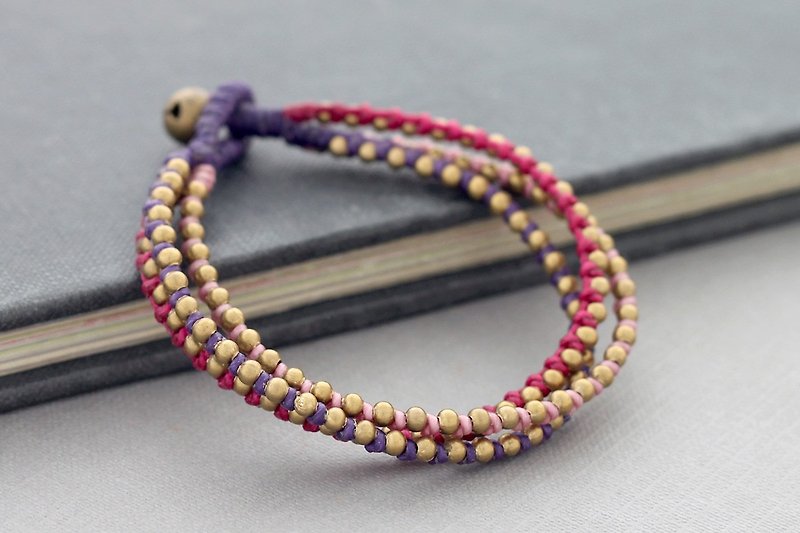 Sweet Pink Pastel Brass Beaded Bracelets, Lovely Brass Woven Braided Cuff Bracelets - Bracelets - Other Metals Pink
