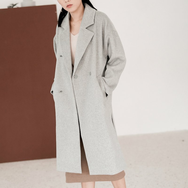灰色 雙排扣羊毛呢大衣極簡雙開衩寬松廓形中長大衣 - 女大衣/外套 - 羊毛 灰色