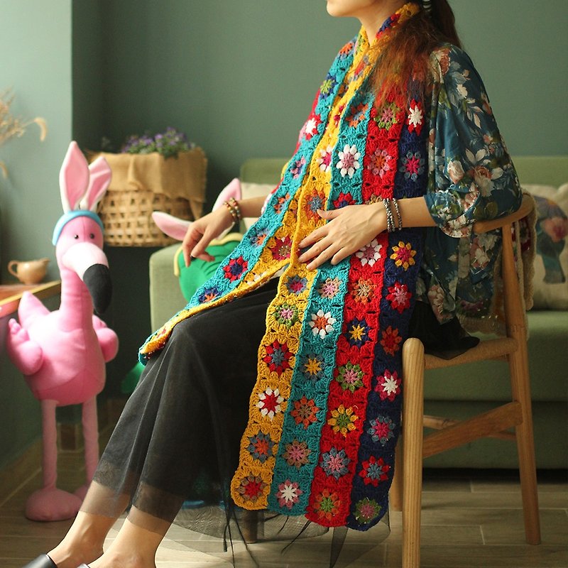 Handmade crocheted production of retro Mori girl Mori series literary fan wool warm flower scarf ethnic style color matching - ผ้าพันคอถัก - ผ้าฝ้าย/ผ้าลินิน 