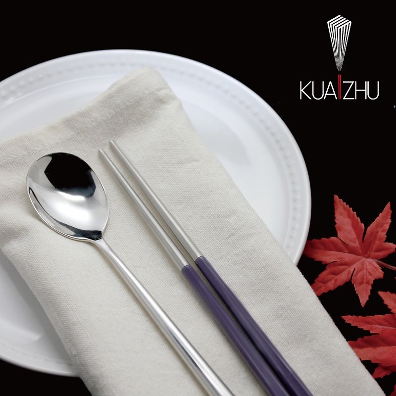 Stainless Steel four-corner chopsticks and spoons cutlery set in elegant purple (with cutlery bag attached) - Chopsticks - Stainless Steel Purple