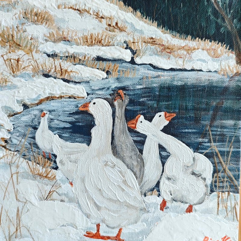 Geese On The Pond Snowy Painting Original Art Winter Landscape By RinaArtSK - Wall Décor - Other Materials Multicolor