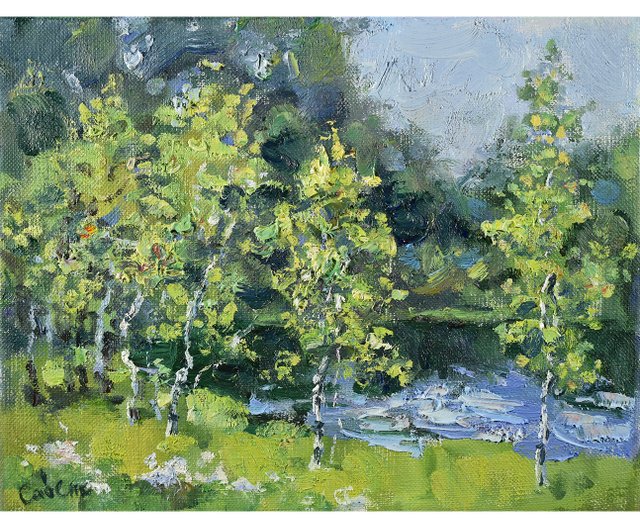 白樺の絵画 夏の風景 湖 自然 印象派 オリジナルアートワーク