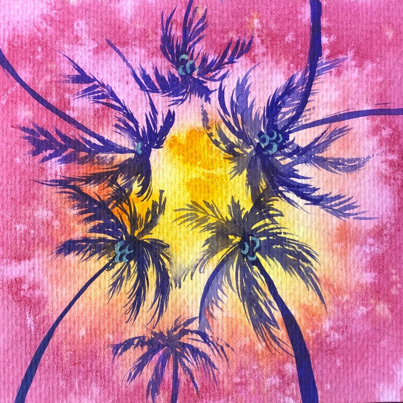 Palm Trees Painting Trees Original Art Pink Sky Artwork Heaven Wall Art - 海報/掛畫/掛布 - 紙 粉紅色