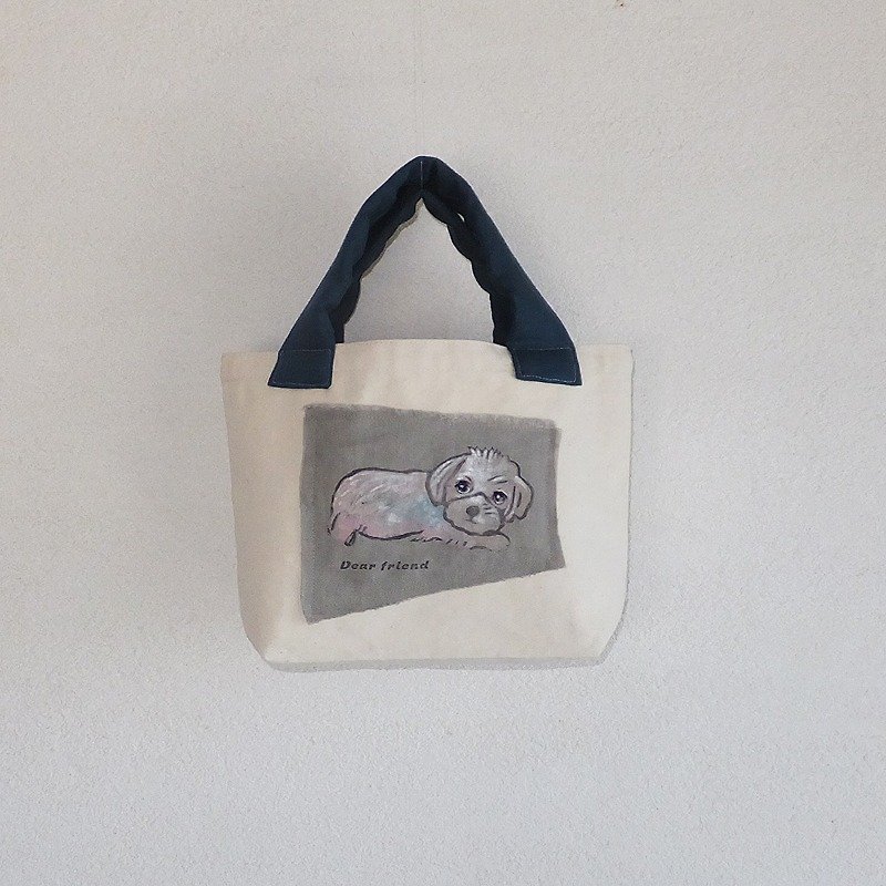 Dog picture bag small - กระเป๋าถือ - ผ้าฝ้าย/ผ้าลินิน ขาว