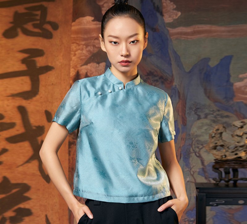 【熹微】新中式中國風 提花禪意T恤 - 女上衣/長袖上衣 - 聚酯纖維 藍色