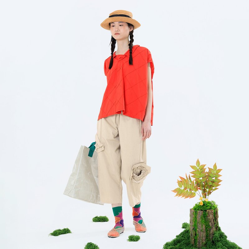 噬憂花造型感鬆緊錐形褲 - 女長褲 - 棉．麻 卡其色