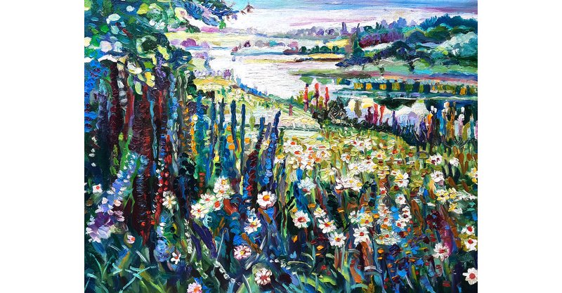 Daisies of Field Art  Painting  Original Art  Oil Painting   Oil On Canvas - 壁貼/牆壁裝飾 - 其他材質 藍色