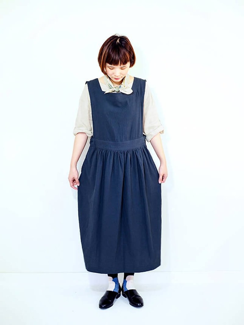 Linen apron one piece - ชุดเดรส - ผ้าฝ้าย/ผ้าลินิน สีน้ำเงิน
