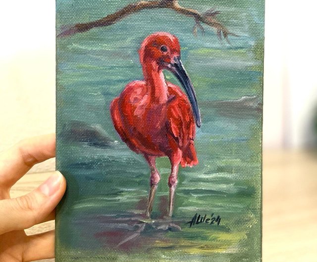 トキの絵 油絵 池の風景画 サギの鳥の絵 - ショップ AsheArt