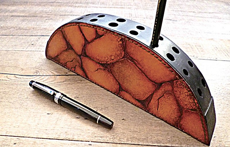POPO│Taiwan Rock│Unique. Pen Holder│Leather Wood Composite Media - Pen & Pencil Holders - Genuine Leather Brown