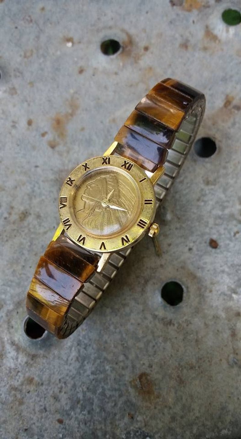 【Lost And Find】Natural tiger eye copper coin watch - Women's Watches - Gemstone Gold