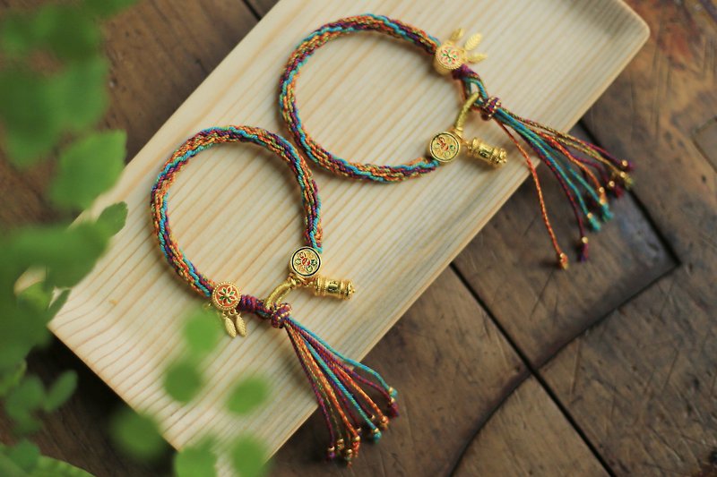 Spring and Autumn Handmade Kumihimo| Tibetan Samsara Knot Seven Color Bracelet Sand Gold | Gift for Men and Women | Adjustable - สร้อยข้อมือ - ผ้าฝ้าย/ผ้าลินิน 