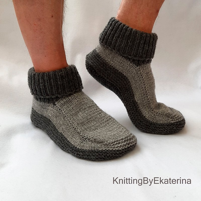 羊毛 襪子 - Mens Slipper Socks, Slipper Boots for Men Hand Knitted Socks with High Ankle
