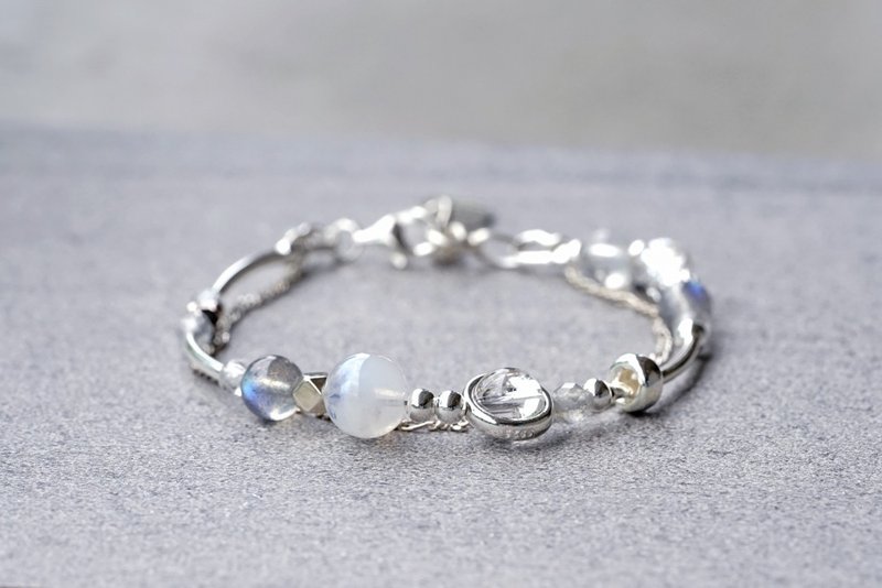 Coagulation - Moonstone Labradorite White Crystal 925 Sterling Silver Double Chain Bracelet - Bracelets - Semi-Precious Stones White