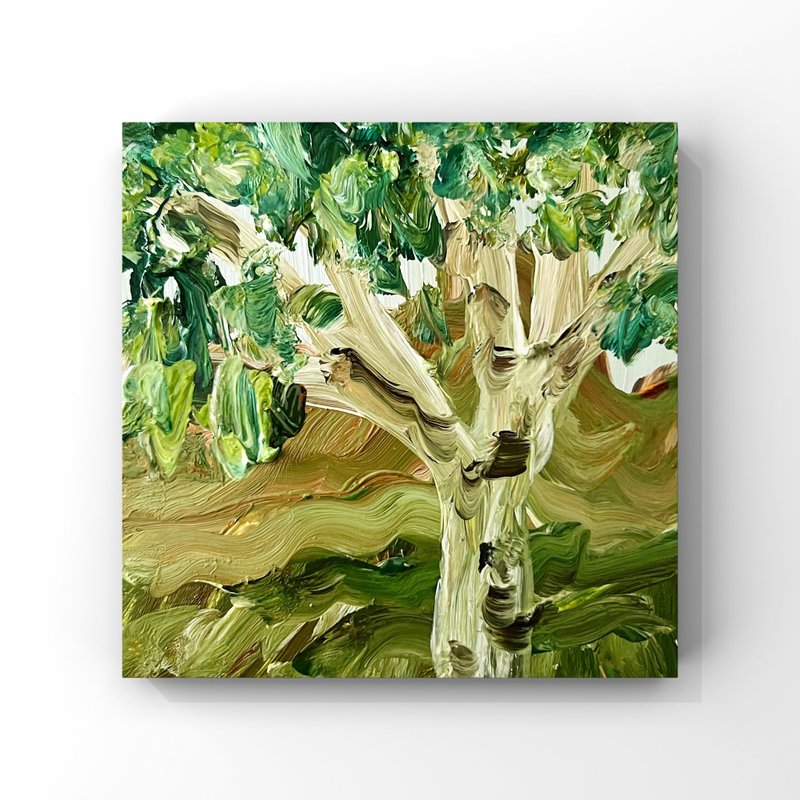 Birch Tree Art Impressionist Birch Tree Small Oil Painting Green Brown Landscape - 海報/掛畫/掛布 - 其他材質 綠色