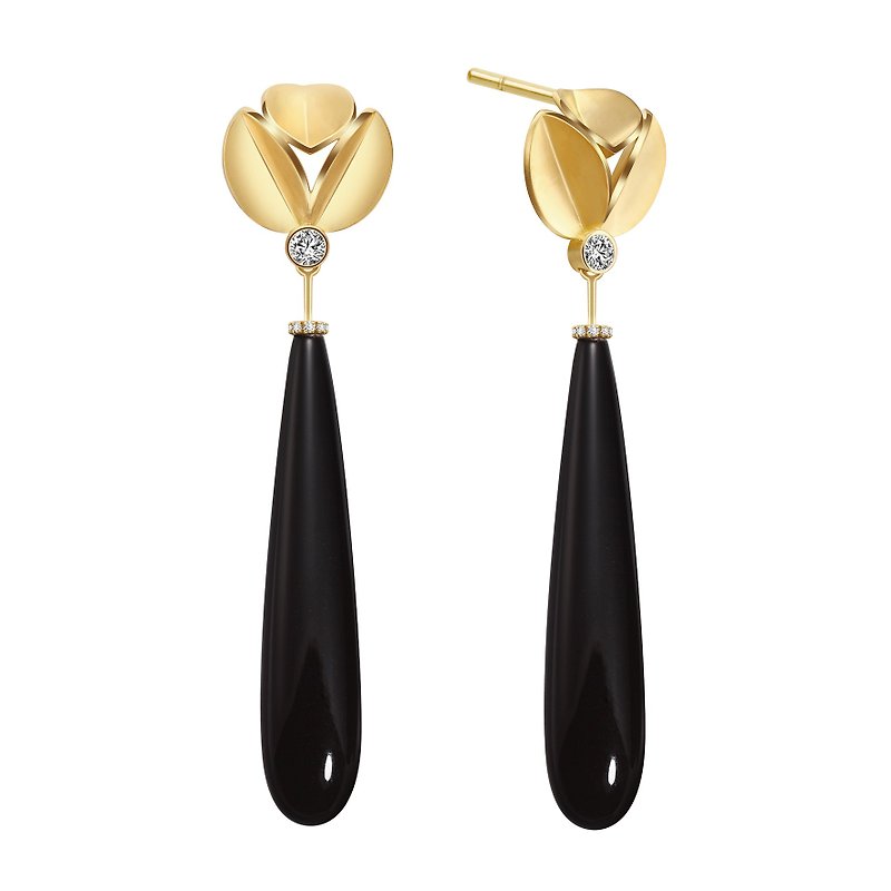 18K Gold Earrings Onyx Diamonds | Bloom - Beauty of Wisdom - ต่างหู - เครื่องประดับ สีทอง