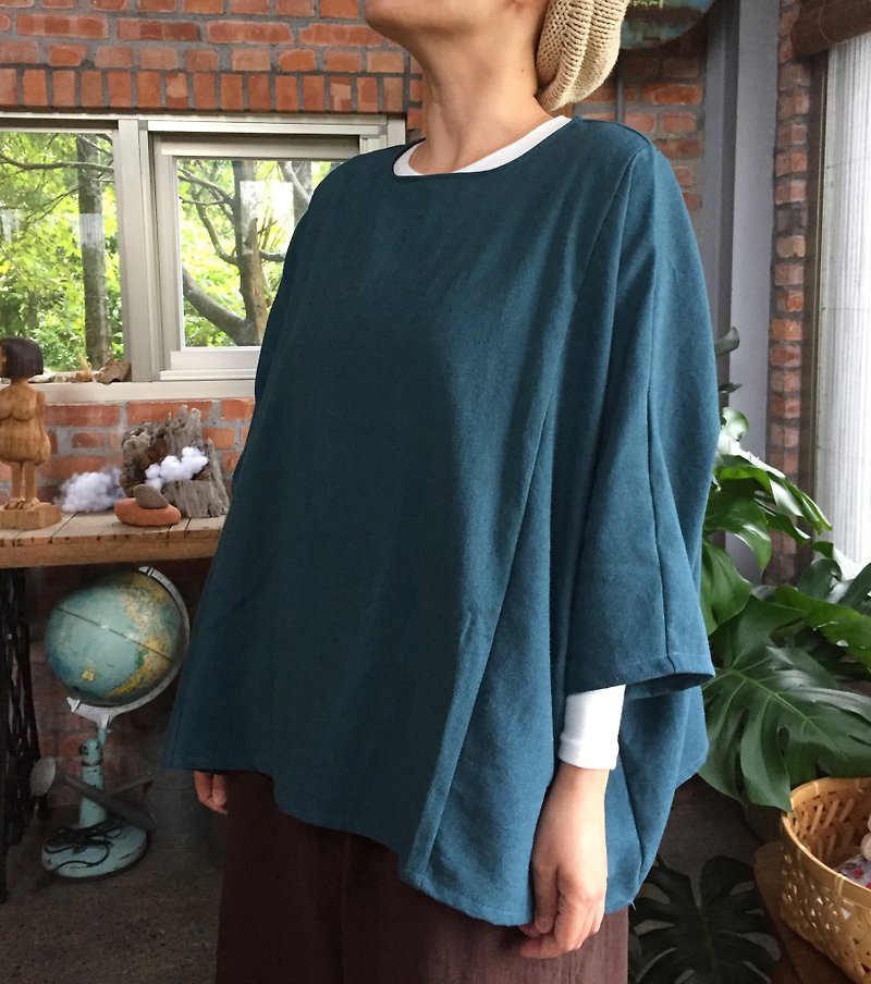 Mid-weight washed cotton and Linen wide panel blouse for autumn and winter - Women's Tops - Cotton & Hemp Green