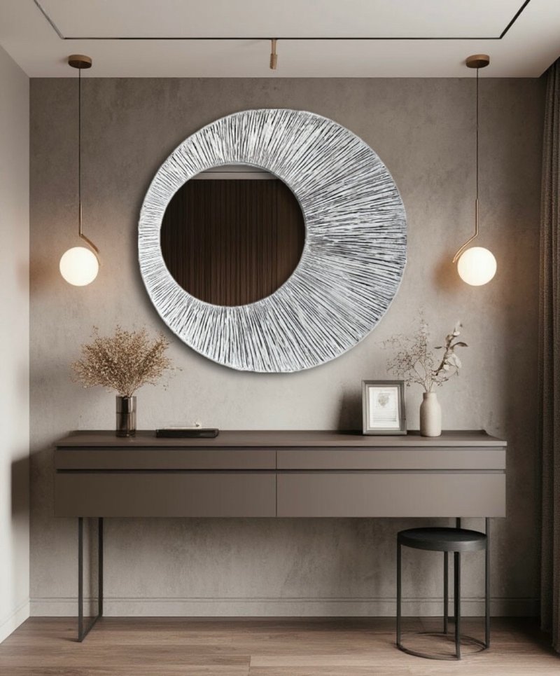 Hanging roung mirror, original mirror for home, wall mirror - 壁貼/牆壁裝飾 - 木頭 白色