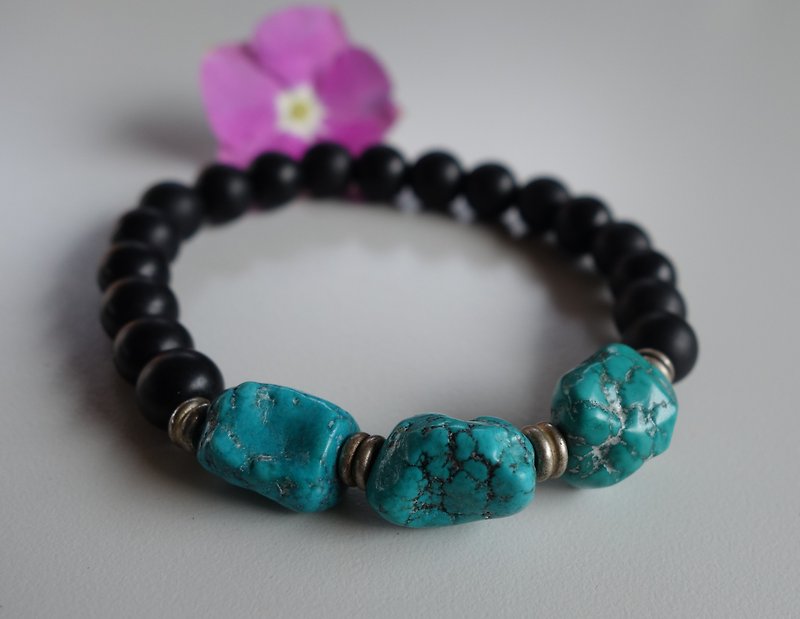 Natural old turquoise bracelet 17.5g bracelet Tibetan old turquoise natural black onyx antique - Bracelets - Jade Multicolor