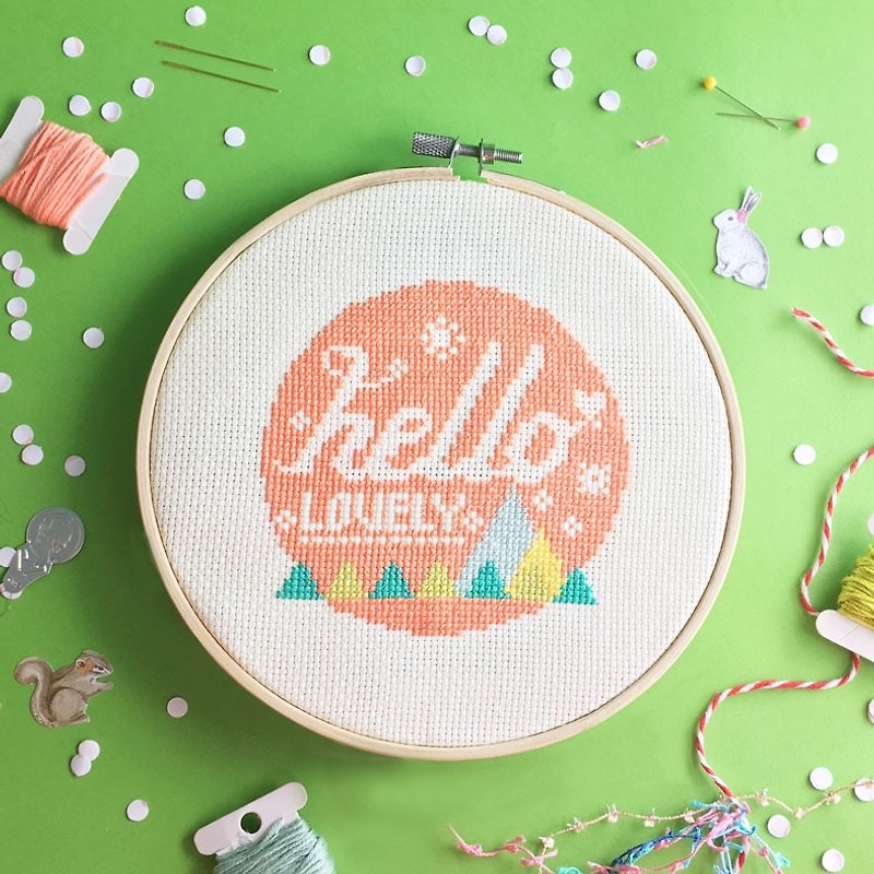Cross Stitch KIT - Hello Lovely - Knitting, Embroidery, Felted Wool & Sewing - Cotton & Hemp Pink