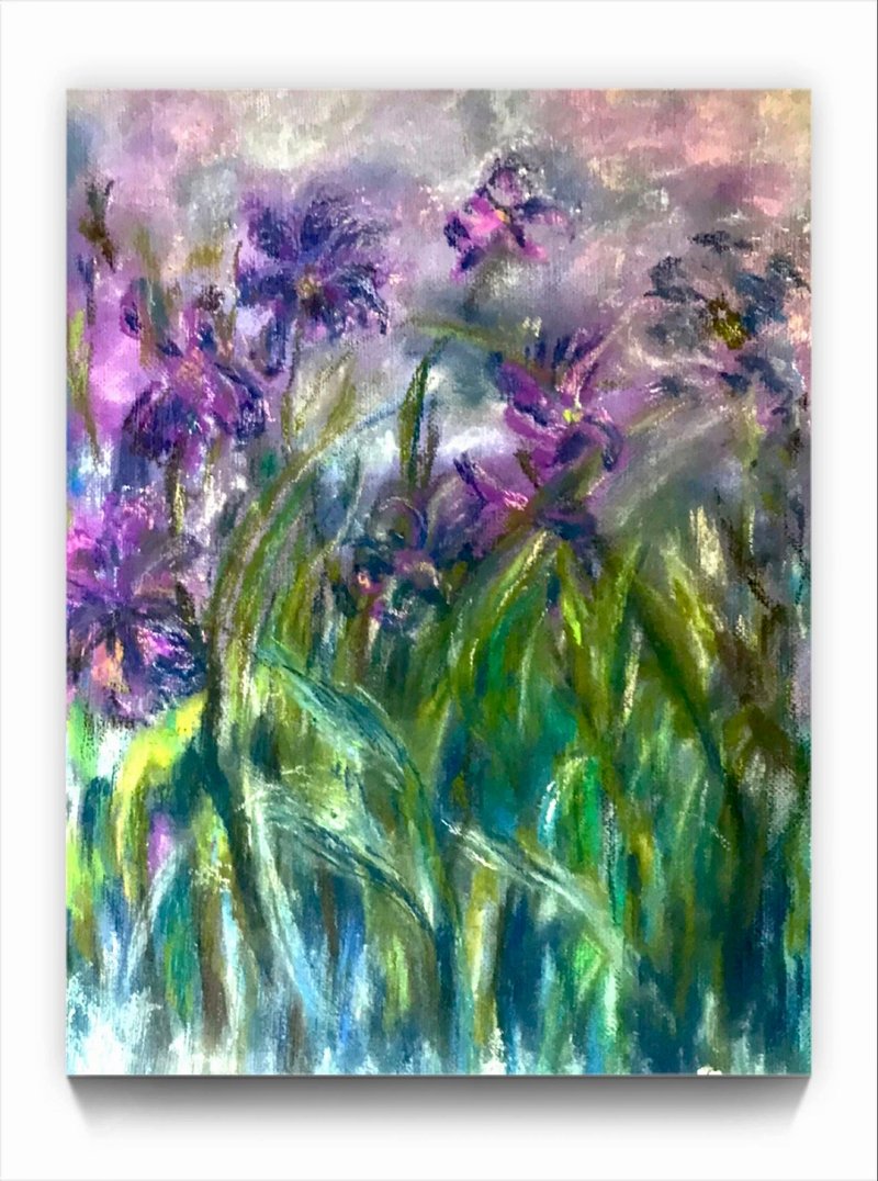 Iris flowers pastel painting made on canvas board - 壁貼/牆壁裝飾 - 其他材質 紫色