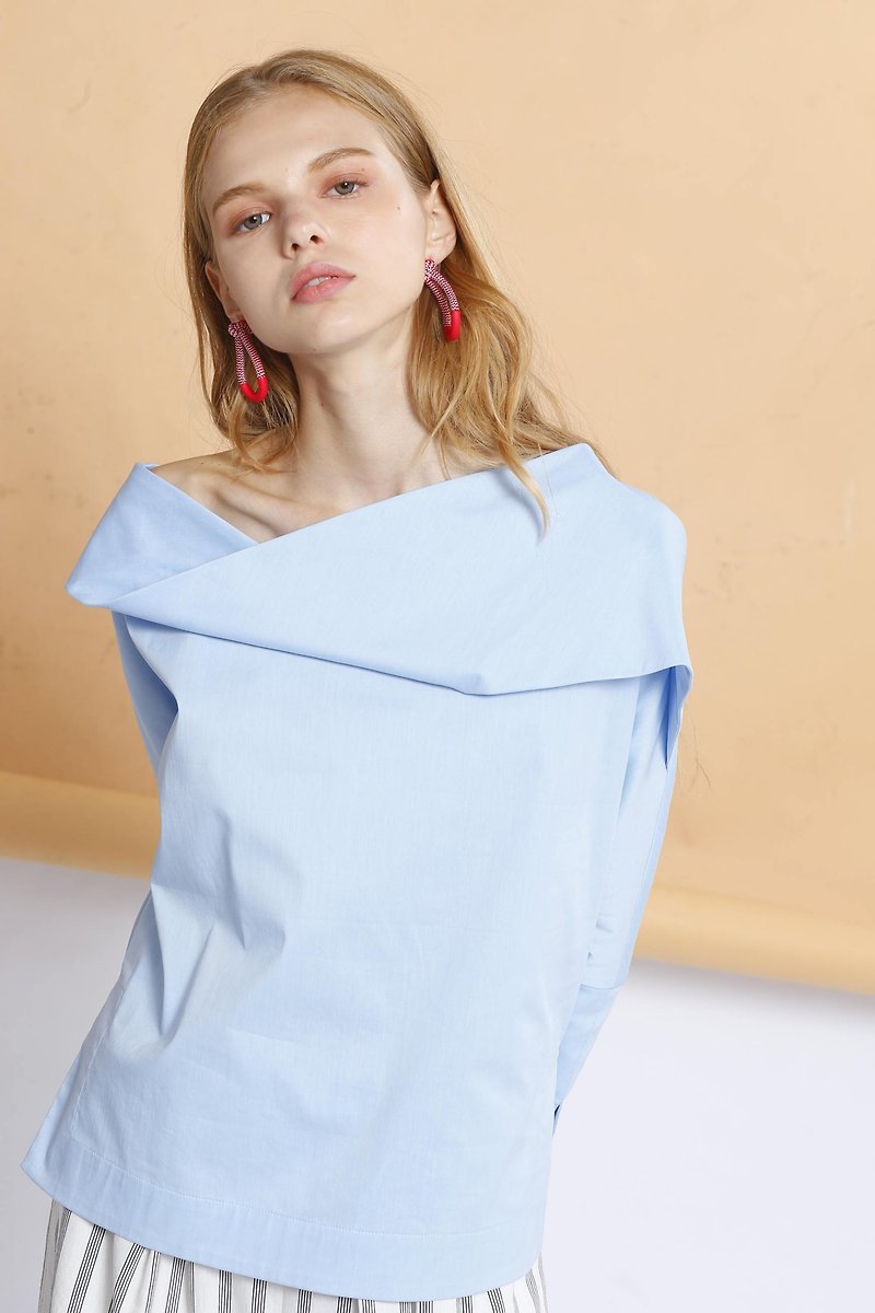 Two-tone yarn-dyed mercerized cotton sleeveless twisted top / light blue - เสื้อผู้หญิง - ผ้าฝ้าย/ผ้าลินิน สีน้ำเงิน