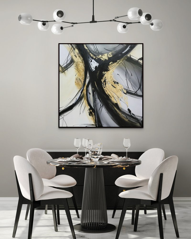 Abstract black gold oil painting on canvas painting Wall Ar for Living room - 壁貼/牆壁裝飾 - 棉．麻 黑色