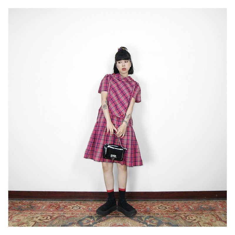 A‧PRANK :DOLLY :: Pink plaid lapel low-rise short-sleeved skirt with vintage dress (D807005) - One Piece Dresses - Cotton & Hemp Pink