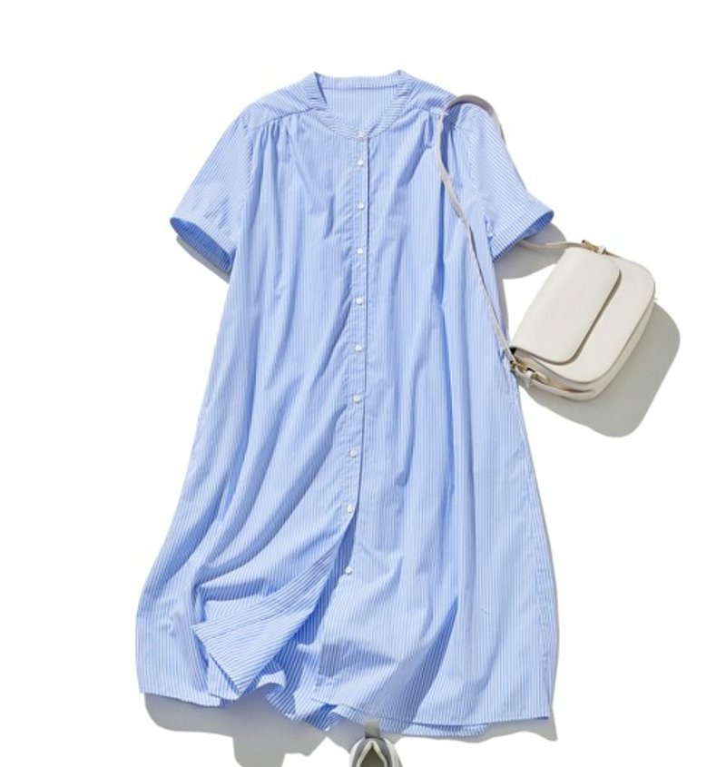 A shirt dress with an original pattern that adults will love. Striped cotton short-sleeved dress 240704-1 - One Piece Dresses - Cotton & Hemp 