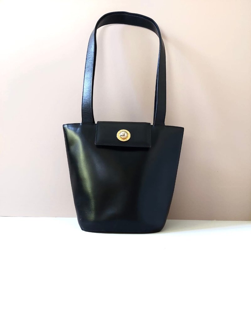 Rare second-hand Celine black gold planet leather tote bag side shoulder shoulder small bag handbag - กระเป๋าแมสเซนเจอร์ - หนังแท้ สีดำ