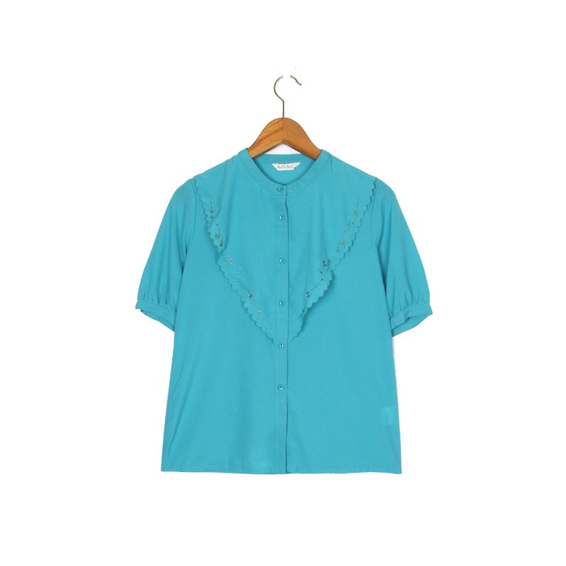 [Egg plant ancient] water color time embroidered ancient short sleeve shirt - เสื้อเชิ้ตผู้หญิง - เส้นใยสังเคราะห์ สีน้ำเงิน