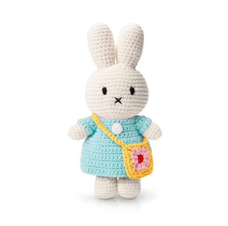 Miffy handmade pastel aqua dress with flower bag (25cm) - Kids' Toys - Cotton & Hemp Multicolor