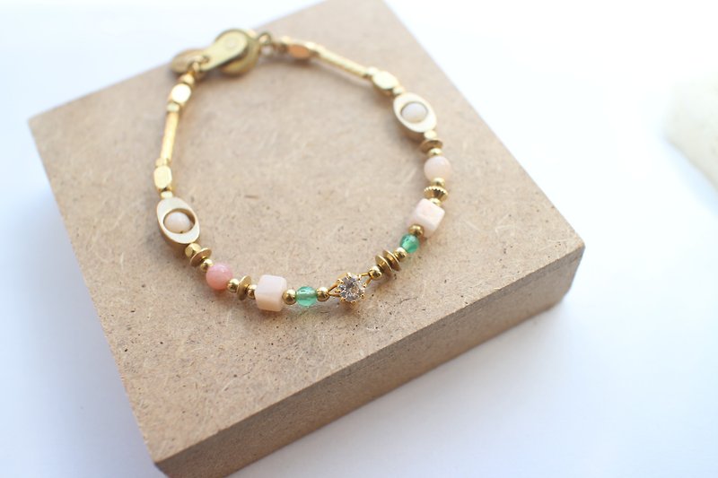 Summer Garden~ Rhodochrosite/ zircon/ green agate/ brass handmade bracelet - Bracelets - Gemstone 