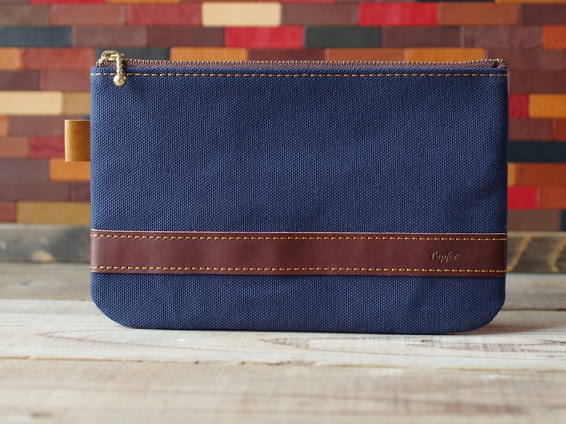 Canvas × Nume leather pouch (L) - กระเป๋าเครื่องสำอาง - ผ้าฝ้าย/ผ้าลินิน สีน้ำเงิน