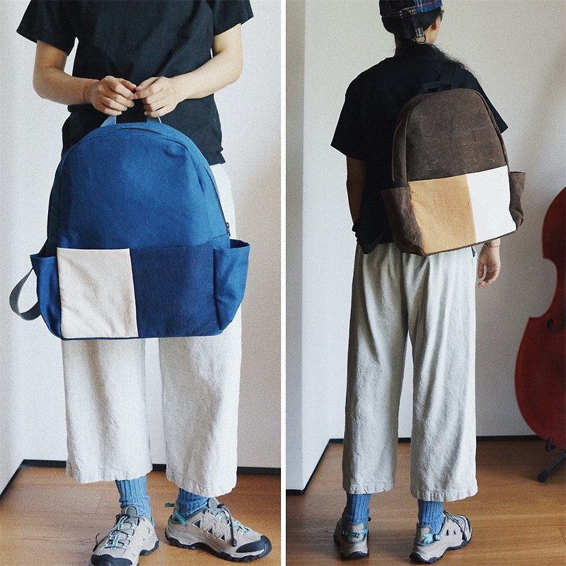 棕色/藍色 薯莨染和植物藍染 手織布拼布製作 雙肩書包大容量背包 - 背囊/背包 - 棉．麻 咖啡色