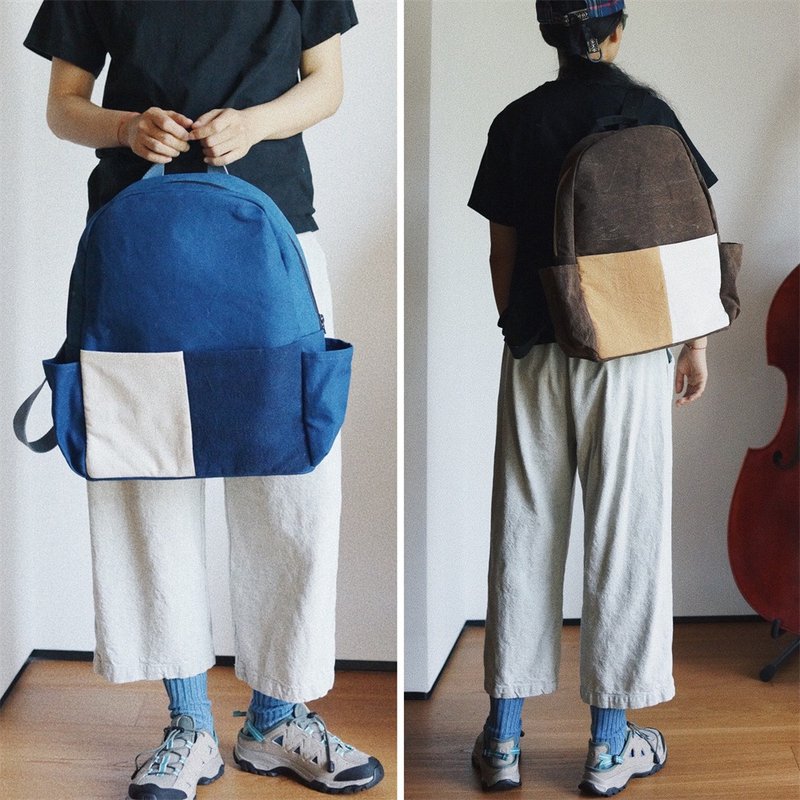 Brown/blue potato dyed and plant indigo dyed hand-woven fabric patchwork to make backpack large-capacity backpack - กระเป๋าเป้สะพายหลัง - ผ้าฝ้าย/ผ้าลินิน สีนำ้ตาล