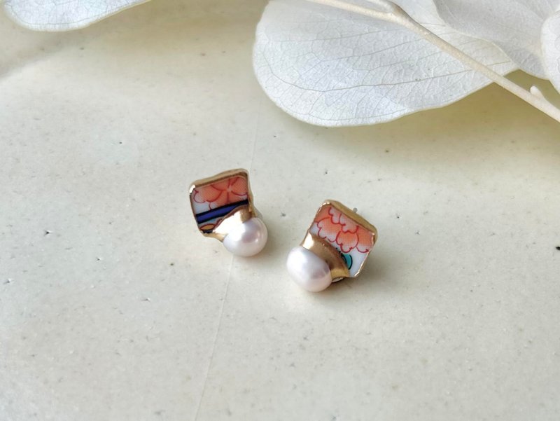 有田焼 　金継ぎ　サージカルステンレスピアス　ピンク　花柄　淡水パール　天然石　伝統工芸　No.163 - 耳環/耳夾/耳骨夾 - 陶 粉紅色