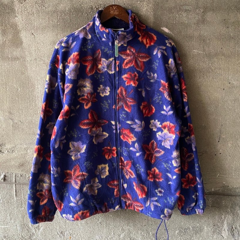 --Guangshi Vintage--Blue background maple leaf polar fleece jacket fleece - เสื้อโค้ทผู้ชาย - วัสดุอื่นๆ สีน้ำเงิน